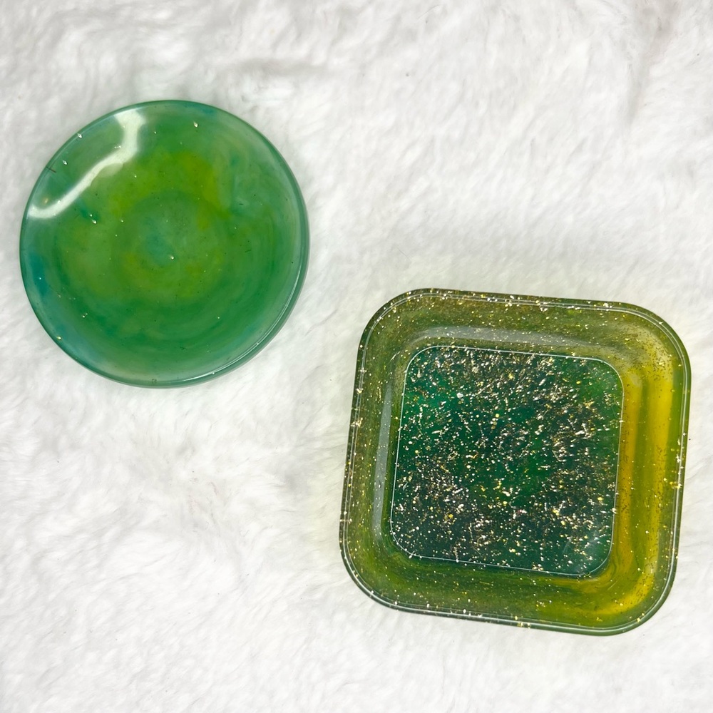 Hand Crafted Green & Gold Glitter Ring Dish & Jewelry Tray Gift Set of 2